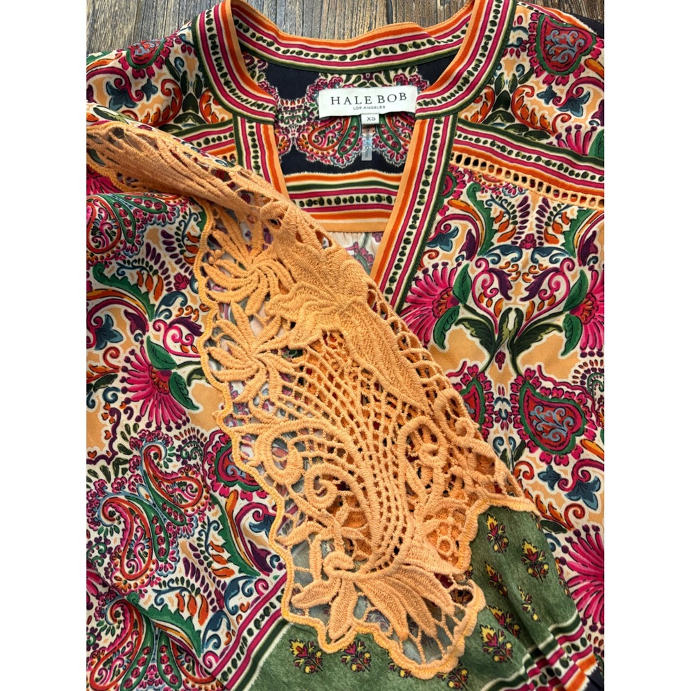 Hale Bob Lana Crochet Top Womens XS Orange Paisley Voluminous Sleeve - Picture 7 of 11